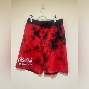 Men’s Coca Cola brand Rare Red and  Black tie dye print swim shorts size medium